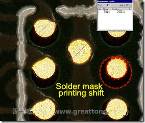 電路板BGA下面的防焊層印刷偏移，造成焊墊大小不一致。