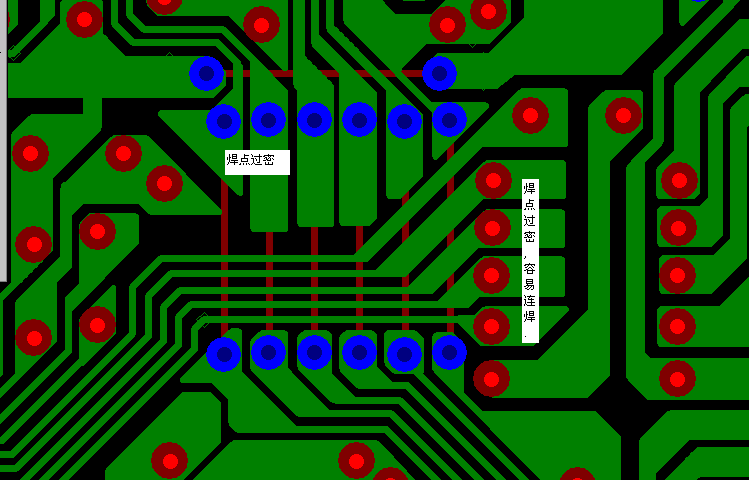 PCB設計焊點過密，易造成波峰連焊，焊點間漏電