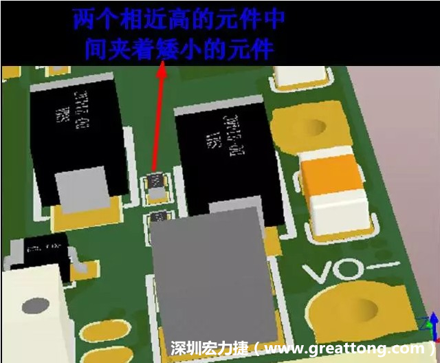 放置器件時要考慮以后的焊接和維修，兩個高度高的元件之間盡量避免放置矮小的元件