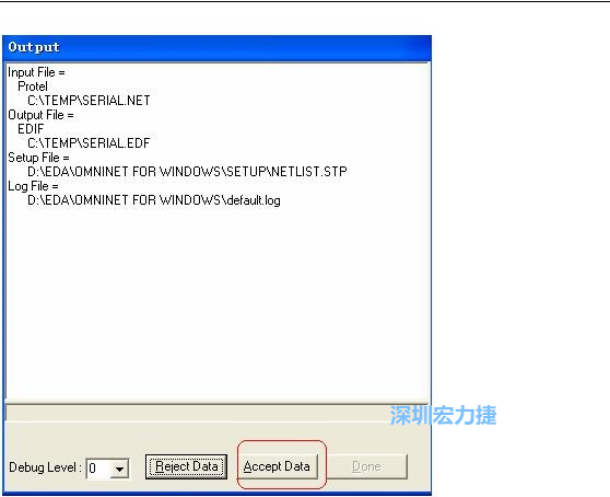 系統(tǒng)彈出一個(gè)輸出窗口，點(diǎn)擊 Accept Data。完成后點(diǎn)擊“確定”，再點(diǎn)擊“Done”關(guān)閉輸出窗口。退出 Omninet for Windows。