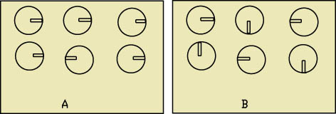 所有徑向電容的負(fù)極朝向一邊可很容易發(fā)現(xiàn)錯誤(A)，反之則較為困難(B)