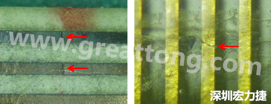 一旦找到確切的銅箔線路斷裂位置，如果還是無法觀察到斷裂的現(xiàn)象，就試著在顯微鏡下彎曲該位置的軟板，這樣就可以突顯并放大斷裂銅箔的開口了。 