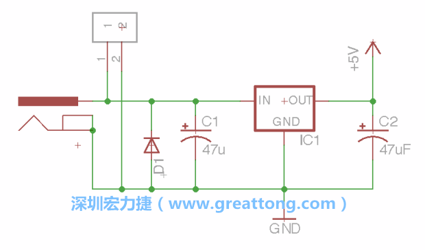 2.5.    新增一個(gè)二極體，它會(huì)以水平的狀態(tài)出現(xiàn)在屏幕上，請(qǐng)使用「旋轉(zhuǎn)（Rotate）」工具把它負(fù)極那一面朝上，并且用「網(wǎng)絡(luò)連接」工具將它連接在電壓調(diào)整器的輸入端和接地端之間。