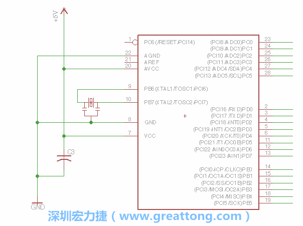 3.2.    在靠近ATmega的電源供應針腳7的位置放置一個0.1μF的電容，將它分別連接電源、接地端和針腳7。