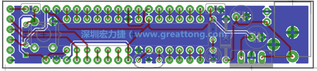 第二篇文章則帶領(lǐng)你進(jìn)行電路板上的布線、連結(jié)點(diǎn)的配置，并利用「設(shè)計(jì)規(guī)則檢查（Design Rule Check）」測(cè)試你的設(shè)計(jì)，第二篇文章的電路板設(shè)計(jì)圖將如下所示：