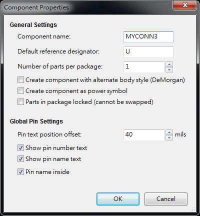 按下工具  "Create a new component"， 出現(xiàn)底下畫面， 按下OK后， 產(chǎn)生MYCONN3/U? 文字重迭在一在， 把它們分開(用mouse選擇并按下"M"， 即可移動(dòng))