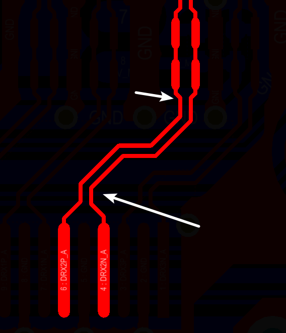 相應(yīng)的要對差分對不匹配的情況作出補(bǔ)償，使其線長匹配，長度差通?？刂圃?mil以內(nèi)