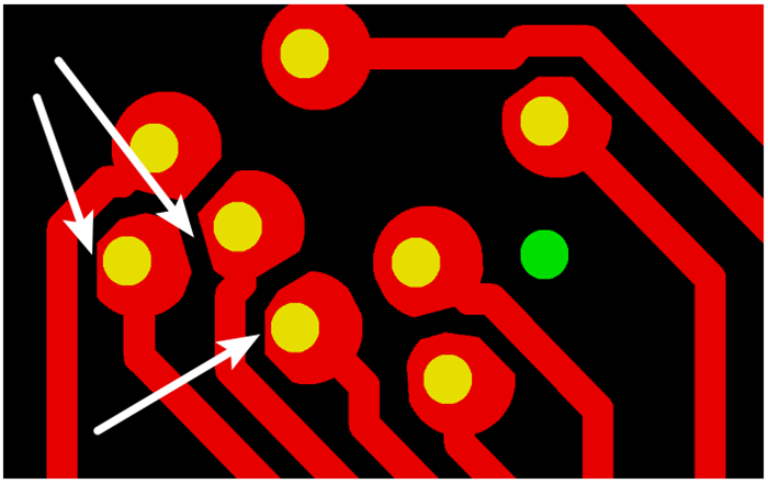 按源文件文件數(shù)據(jù)計算，孔邊緣到線邊緣6mil，孔環(huán)4mil，環(huán)到線只有2mil，保證環(huán)到線之間有3mil的安全間距需削1mil焊環(huán)，削后焊盤只有3mil