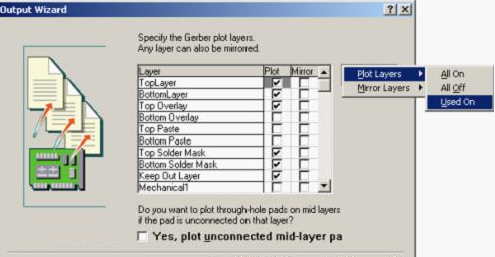 按“Next”，點擊“Menu”將Plot Layers置為Used On，Mirror Layers置為All Off后按“Next”